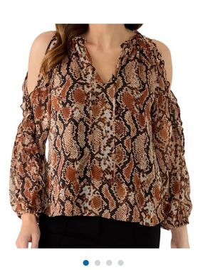 1. State Brown Mobwife trendy Snake Print Cold-Shoulder Ruffle Blouse L
